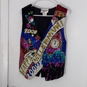 Y2K VINTAGR Sequin 'Happy Millennium' Beaded Party Vest - Multicolor